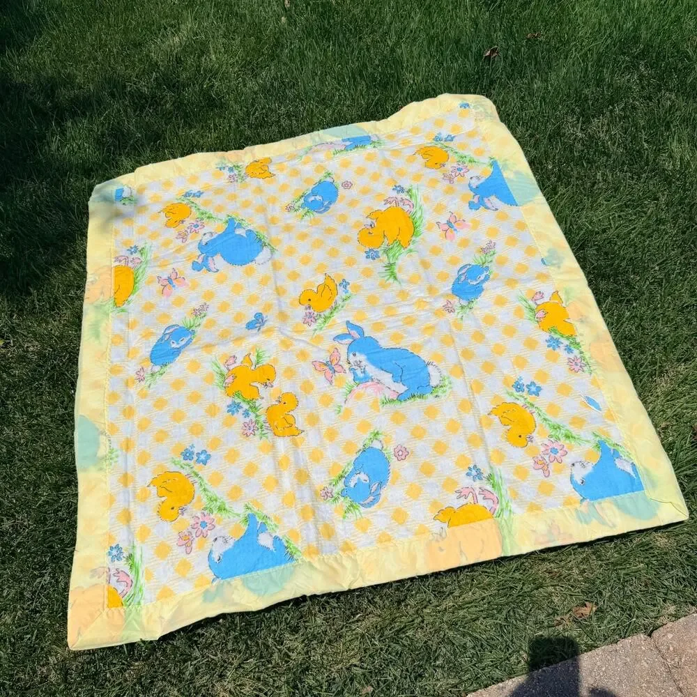 Vtg Beacon Baby Blanket Acrylic 1980s Yellow Blue Silkie Satin Trim Ducks Bunny